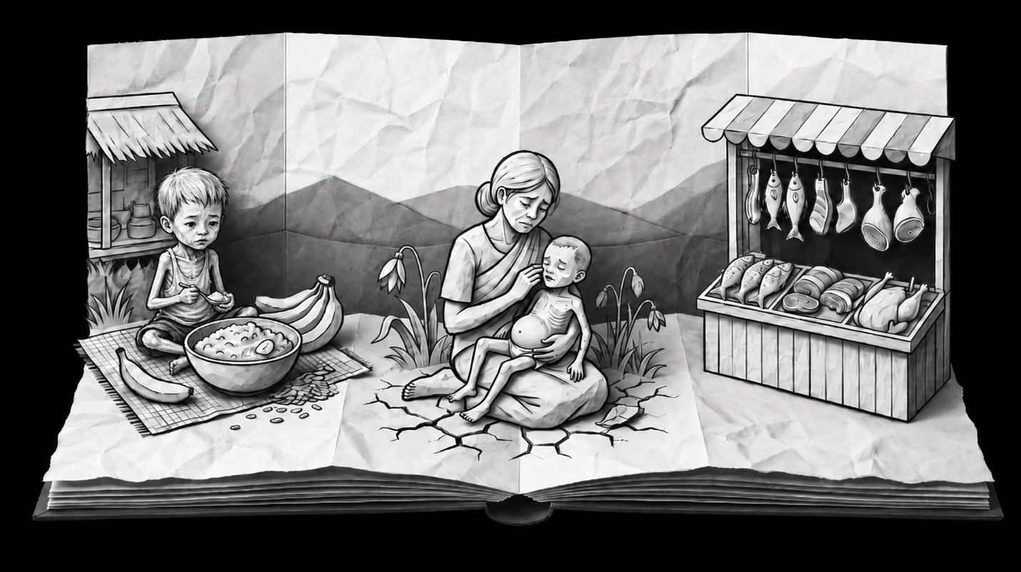 Black-and-white pop-up book illustrating malnutrition in Thailand around 1977